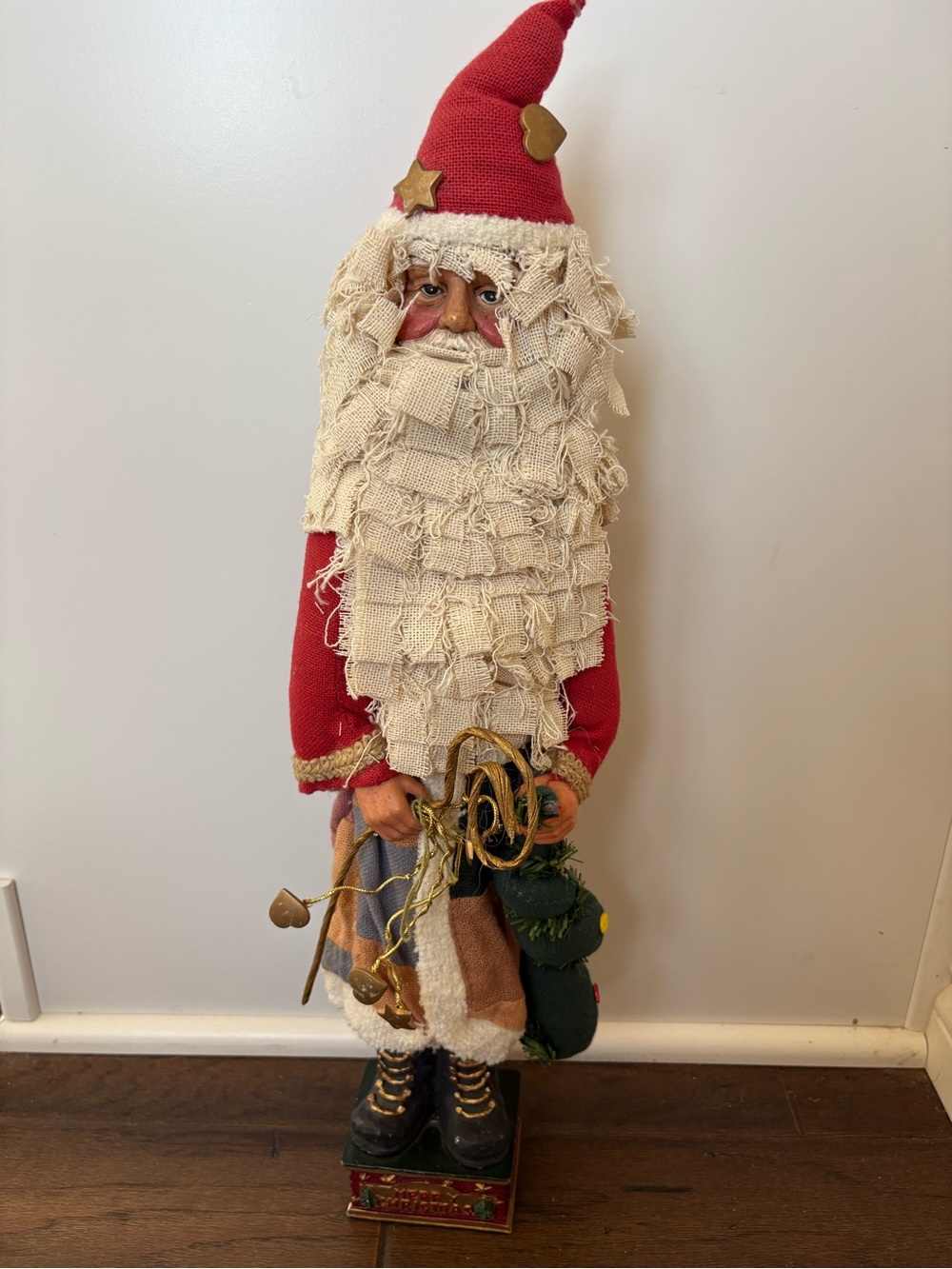 Vintage Folk Art Santa Claus Figurine Rustic Fabric Layered Beard Patchwork Coat